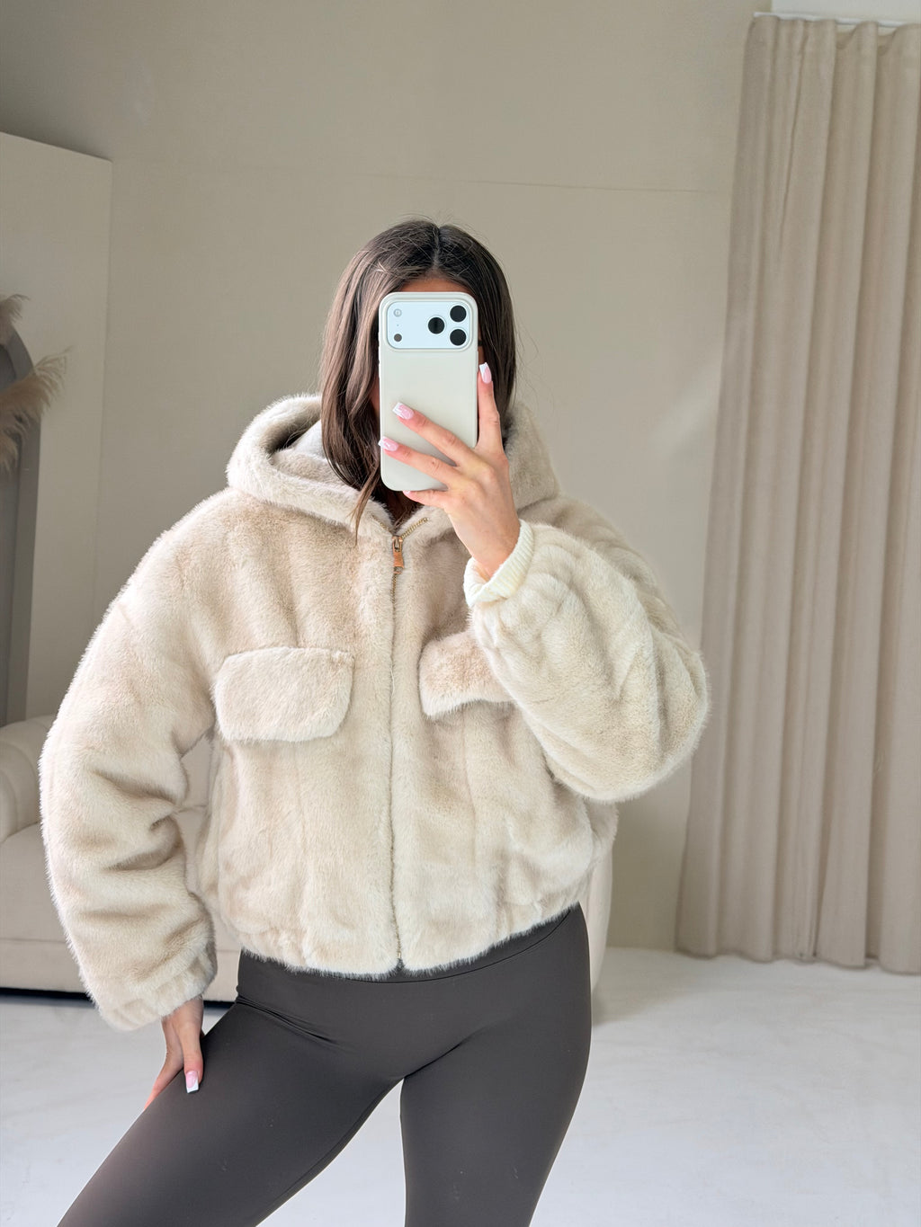 OLIVIA Faux Fur Hooded Bomber Jacket In Vanilla