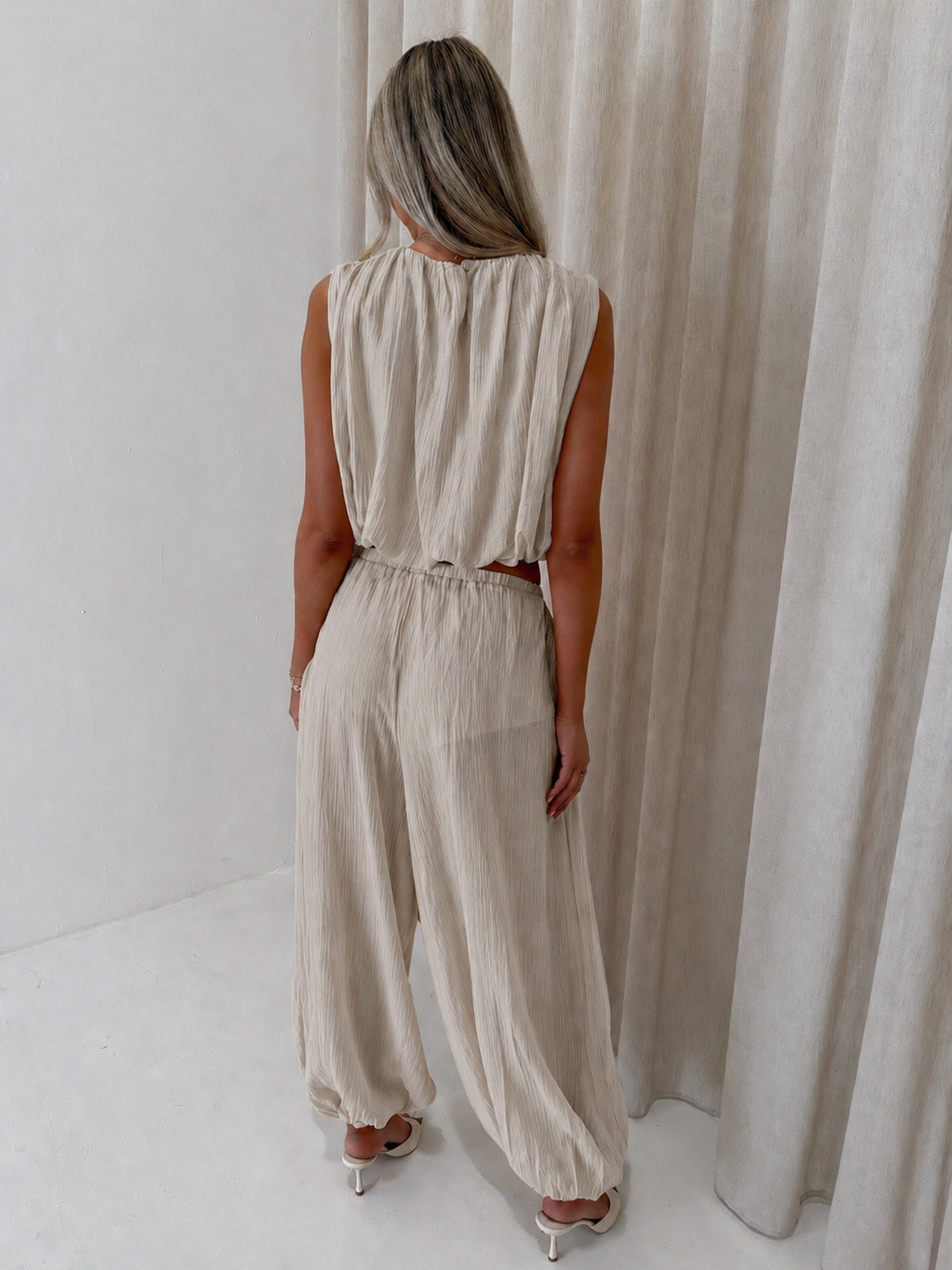 MARA Balloon Hem Sleeveless Top & Trouser Co-Ord In Taupe