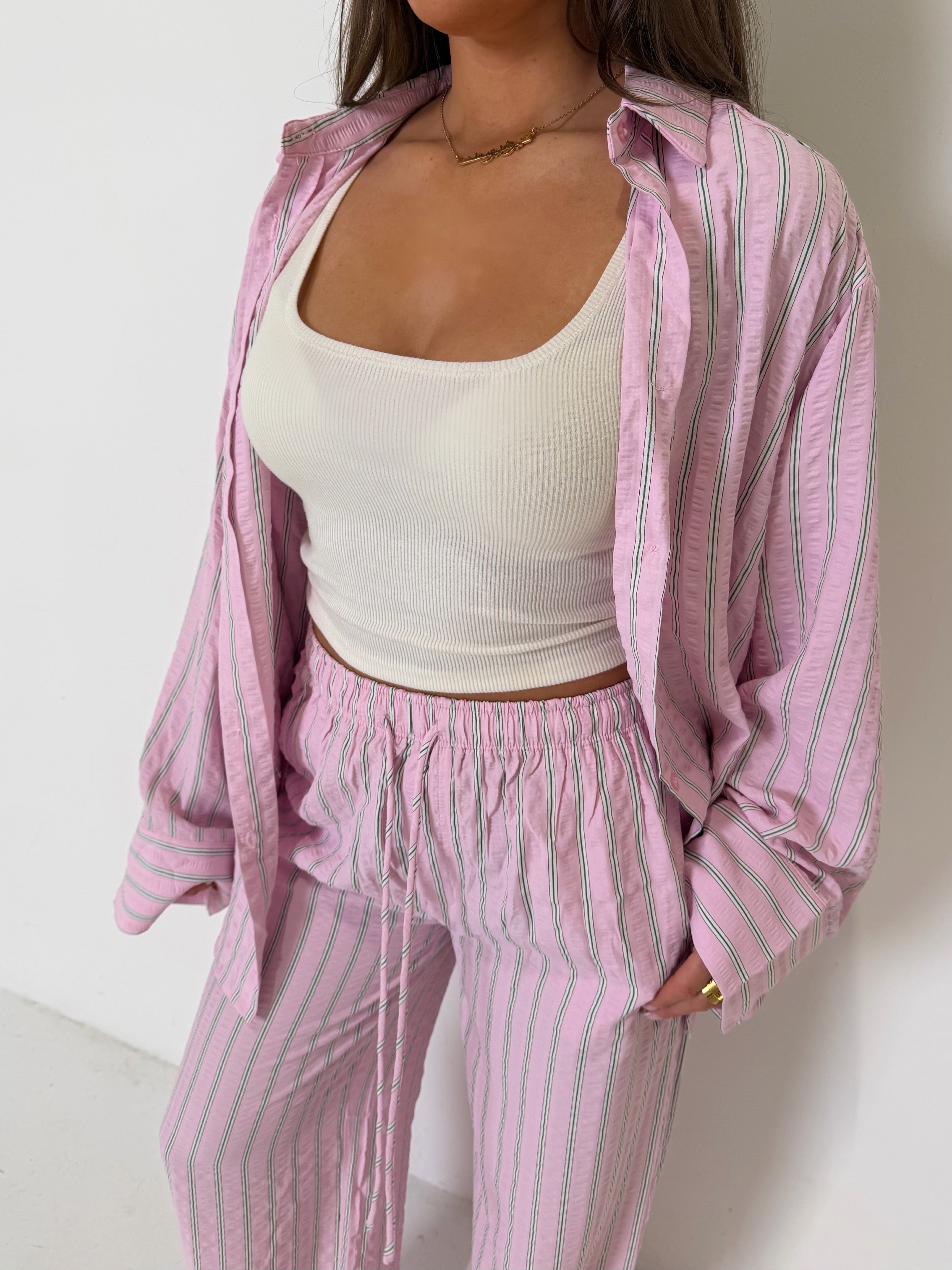 CAPRI Striped Long Sleeve Shirt & Wide Leg Trouser Co-Ord In Pink