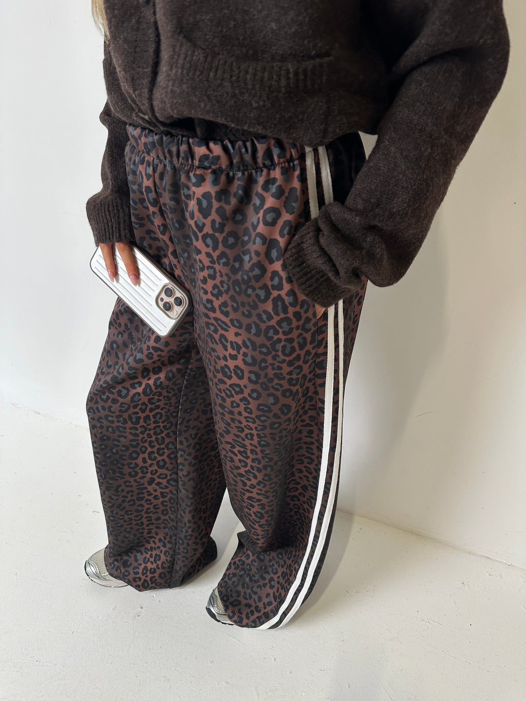 LUNA Leopard High Waisted Side Stripe Wide Leg Trousers In White