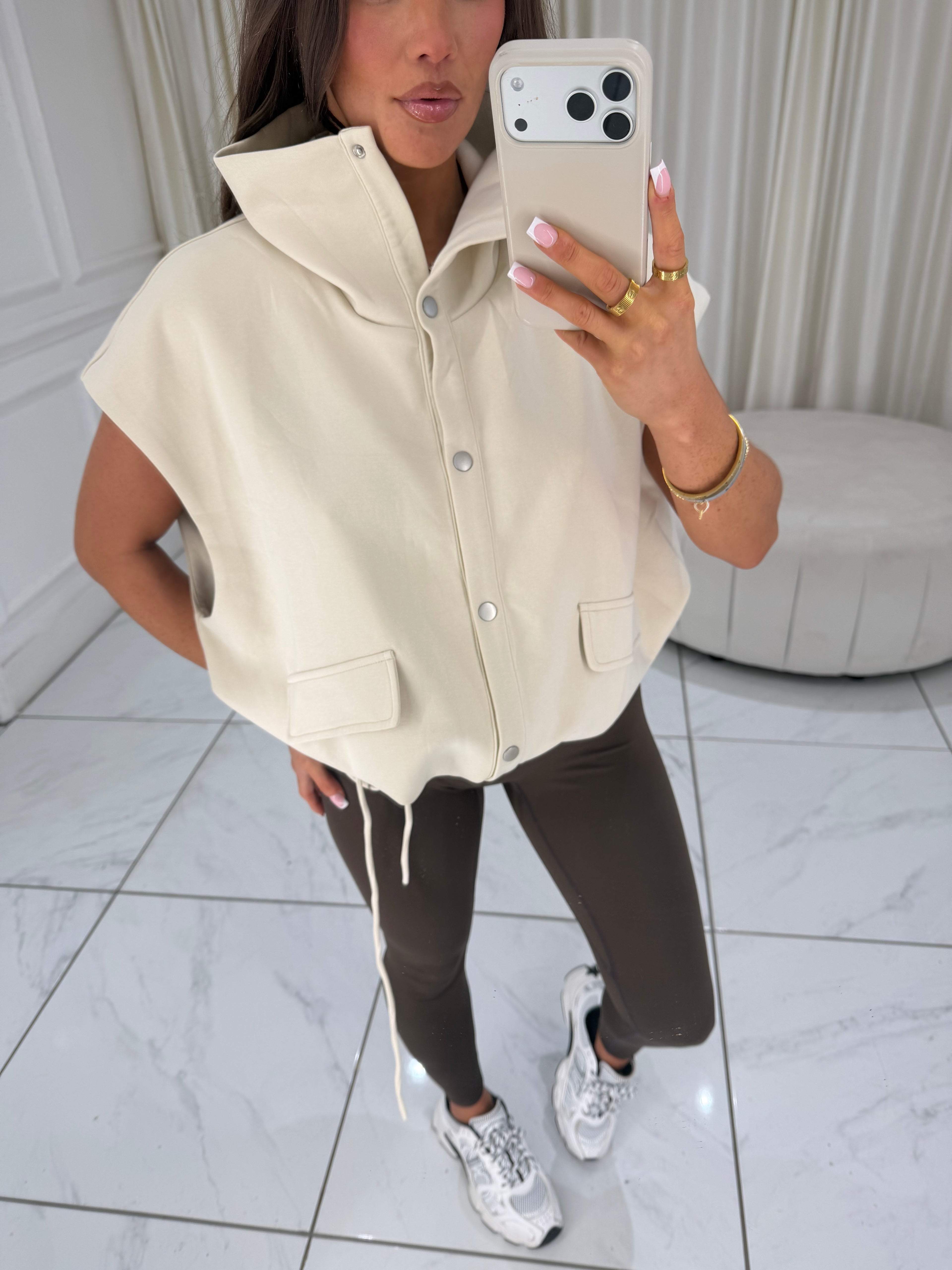 MARGOT Sleeveless Button Up Jacket In Stone