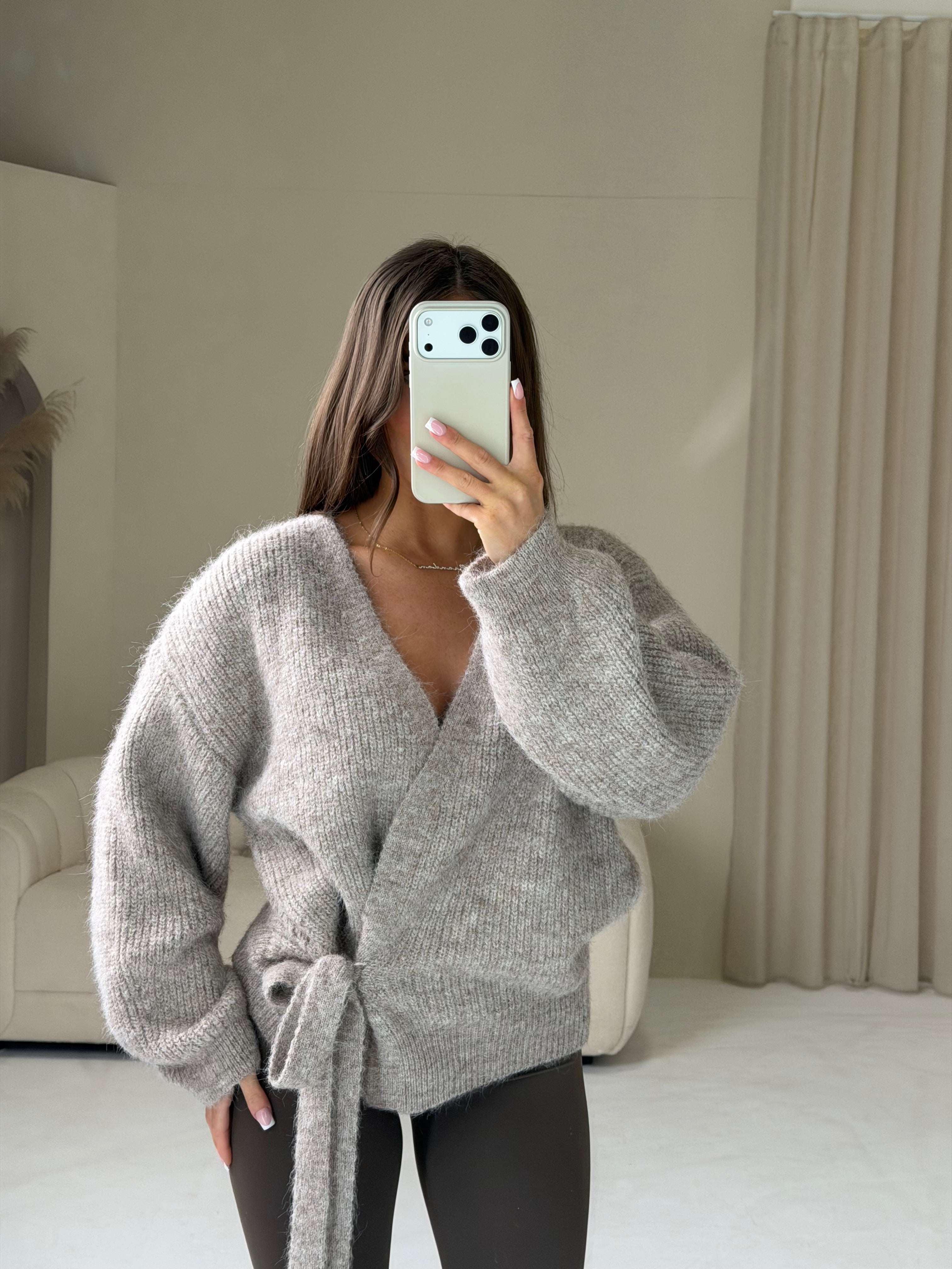 LACEY Knitted Long Sleeved Wrap Tie Cardigan In Mocha