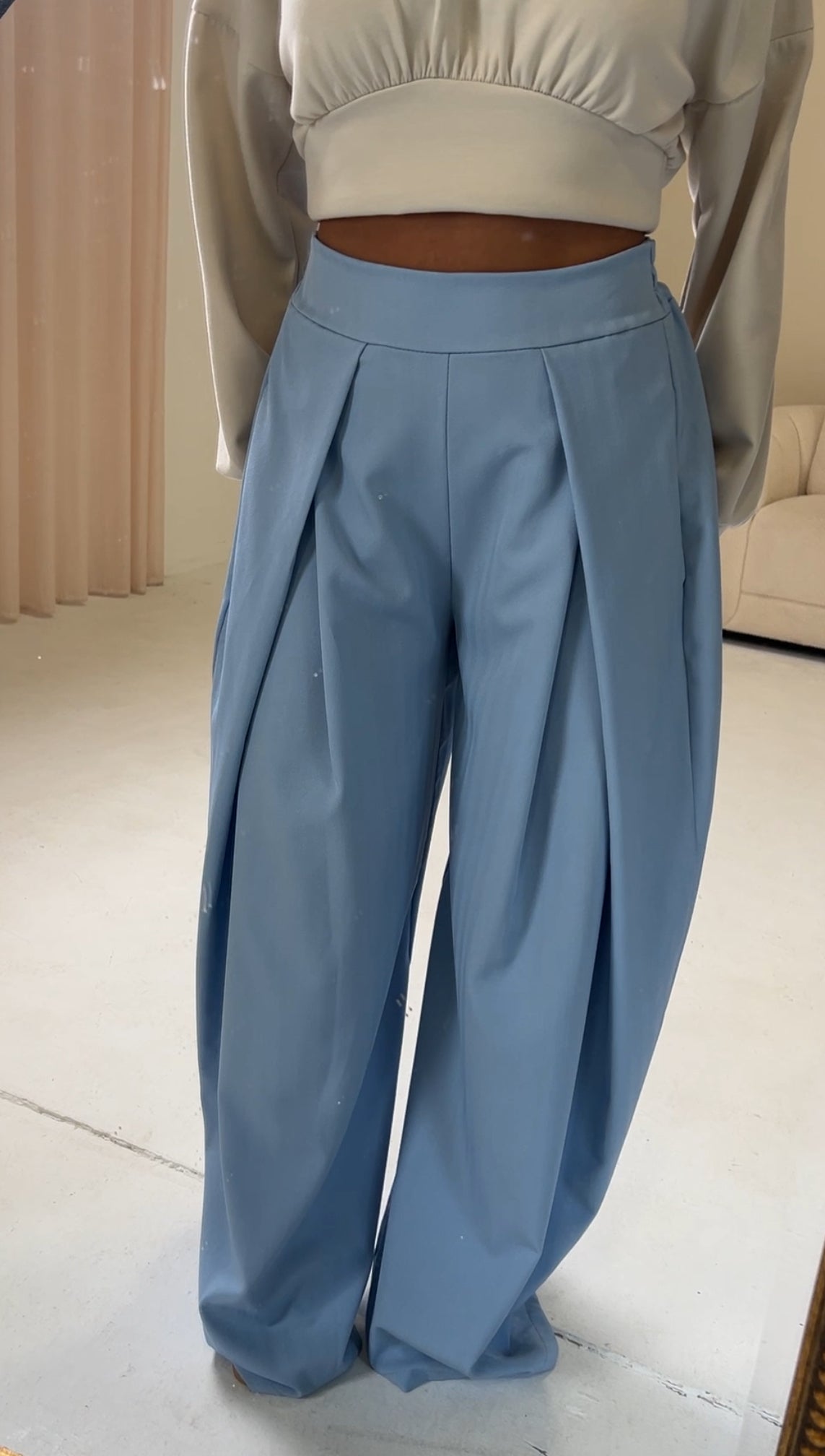 MAE High Waisted Pleated Wide Leg Trousers In Blue