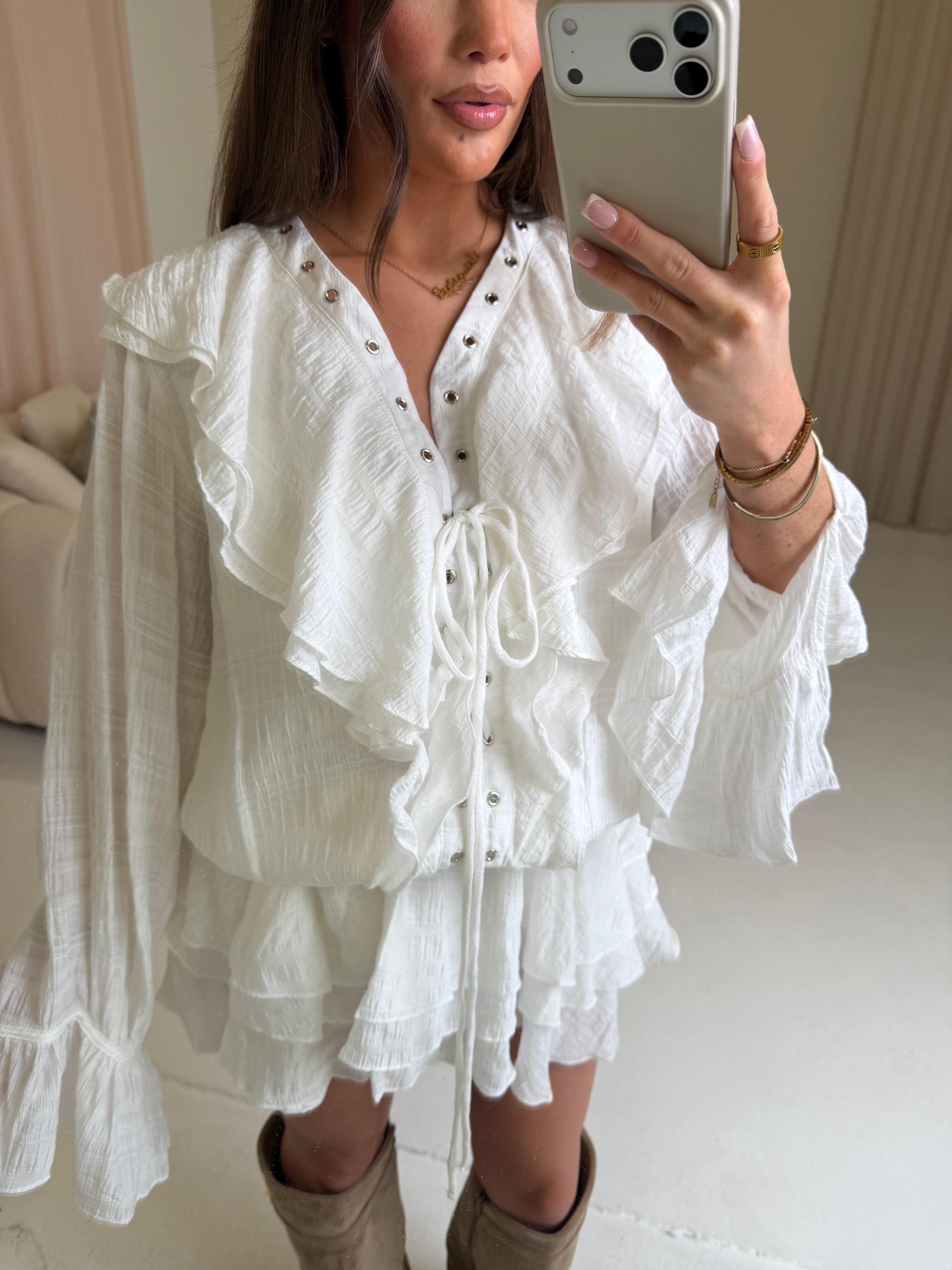 CANNES Ruffle Tie Up Long Sleeved Dress In White