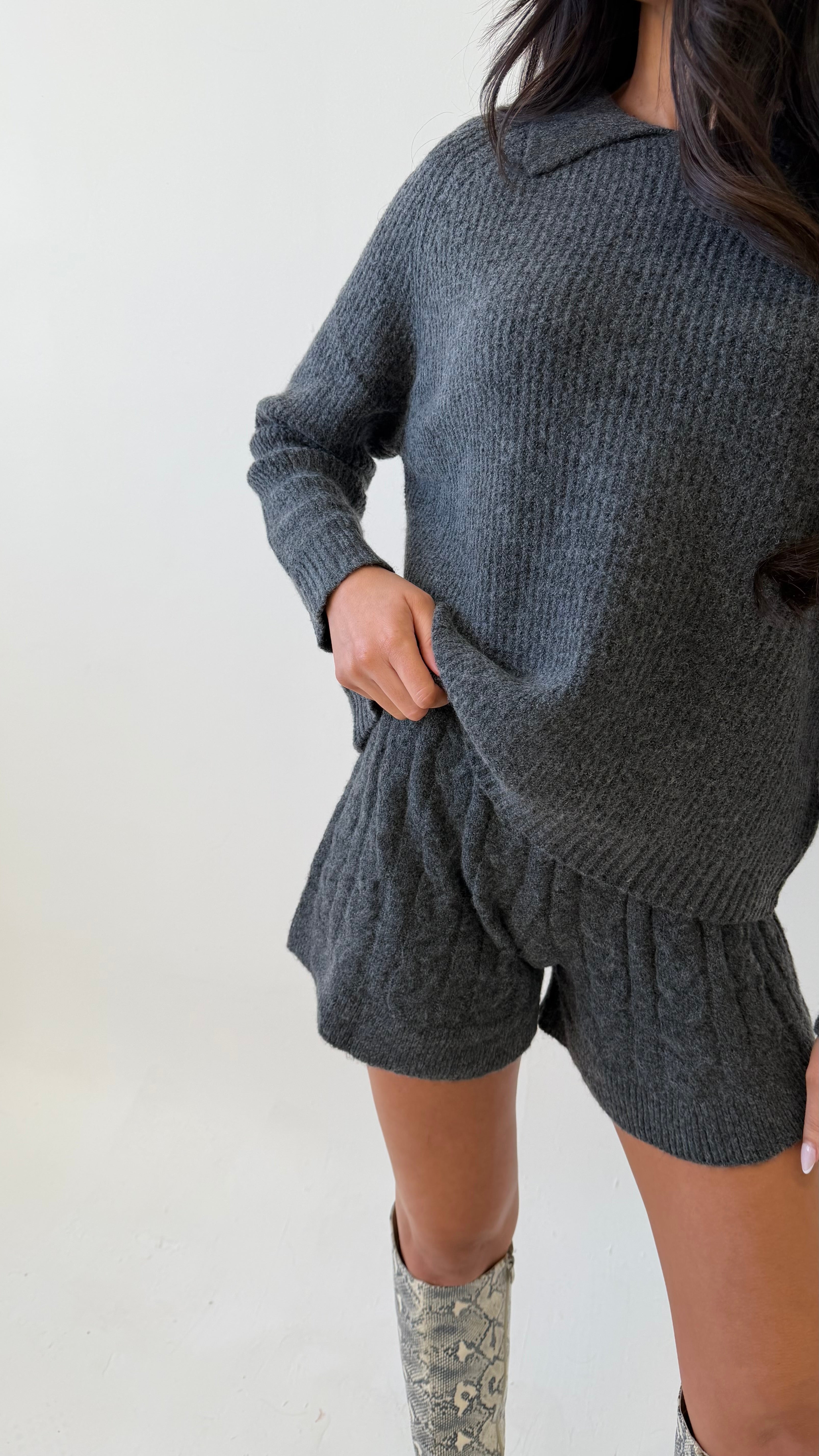 SIENA Knitted Jumper & Cable Knit Shorts Co-ord In Charcoal Grey
