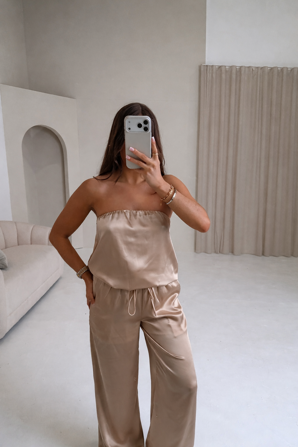 SEREN Satin Bandeau Top & Wide Leg Trousers In Taupe