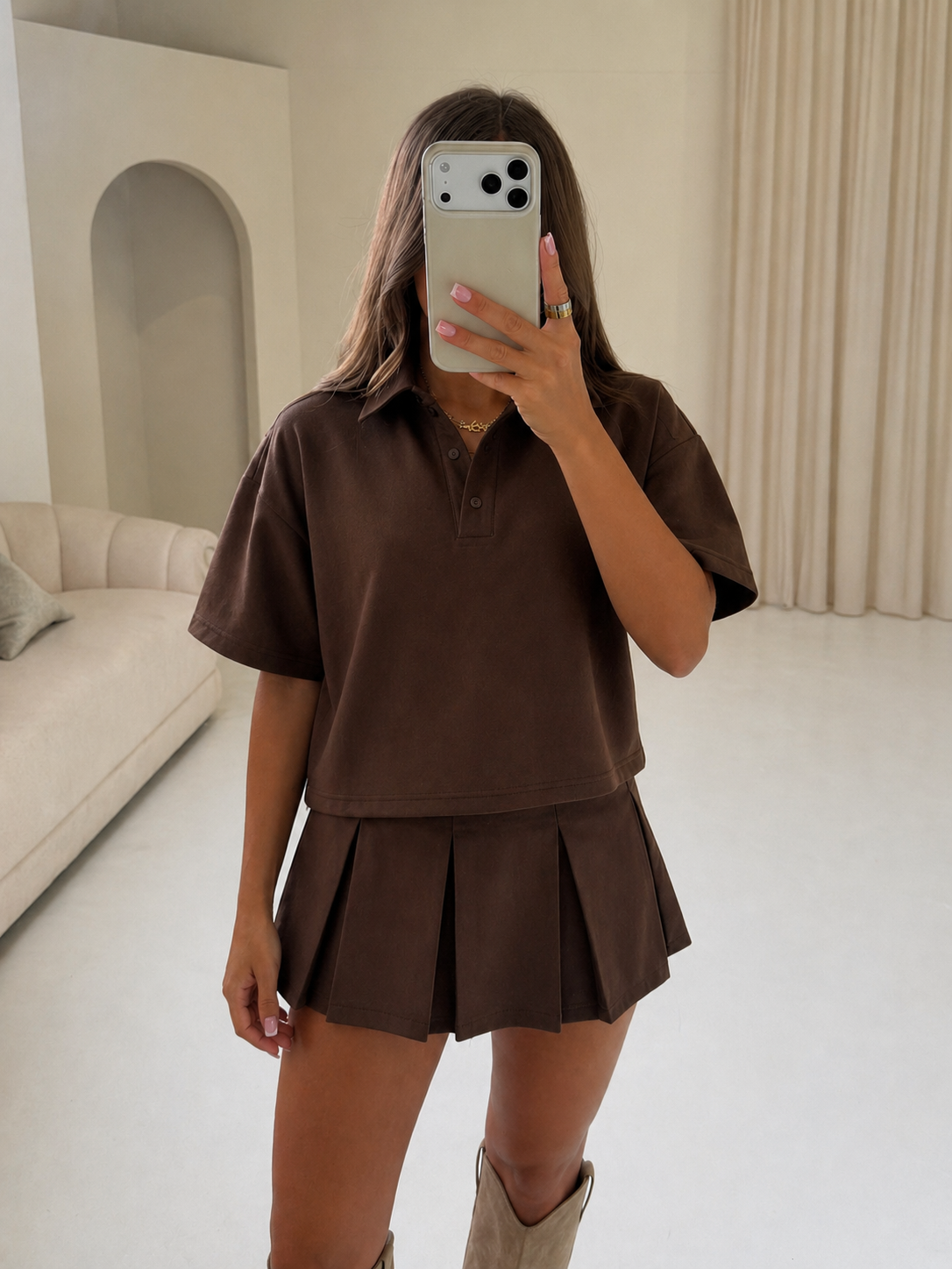 GRACIE Polo Neck Top & Pleated Skirt Co-Ord In Chocolate