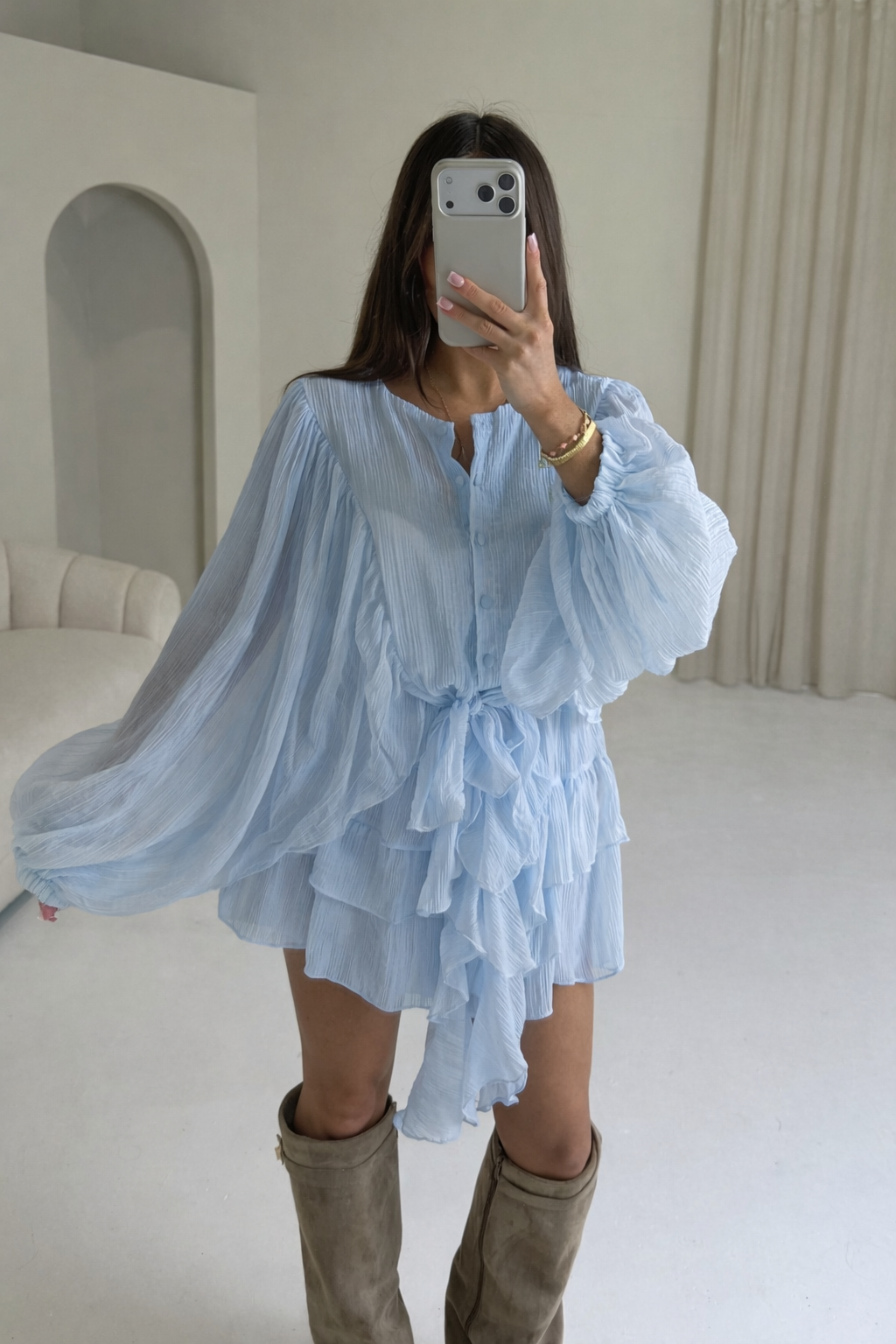 LUCIA Balloon Sleeve Ruffle Button Up Dress In Blue