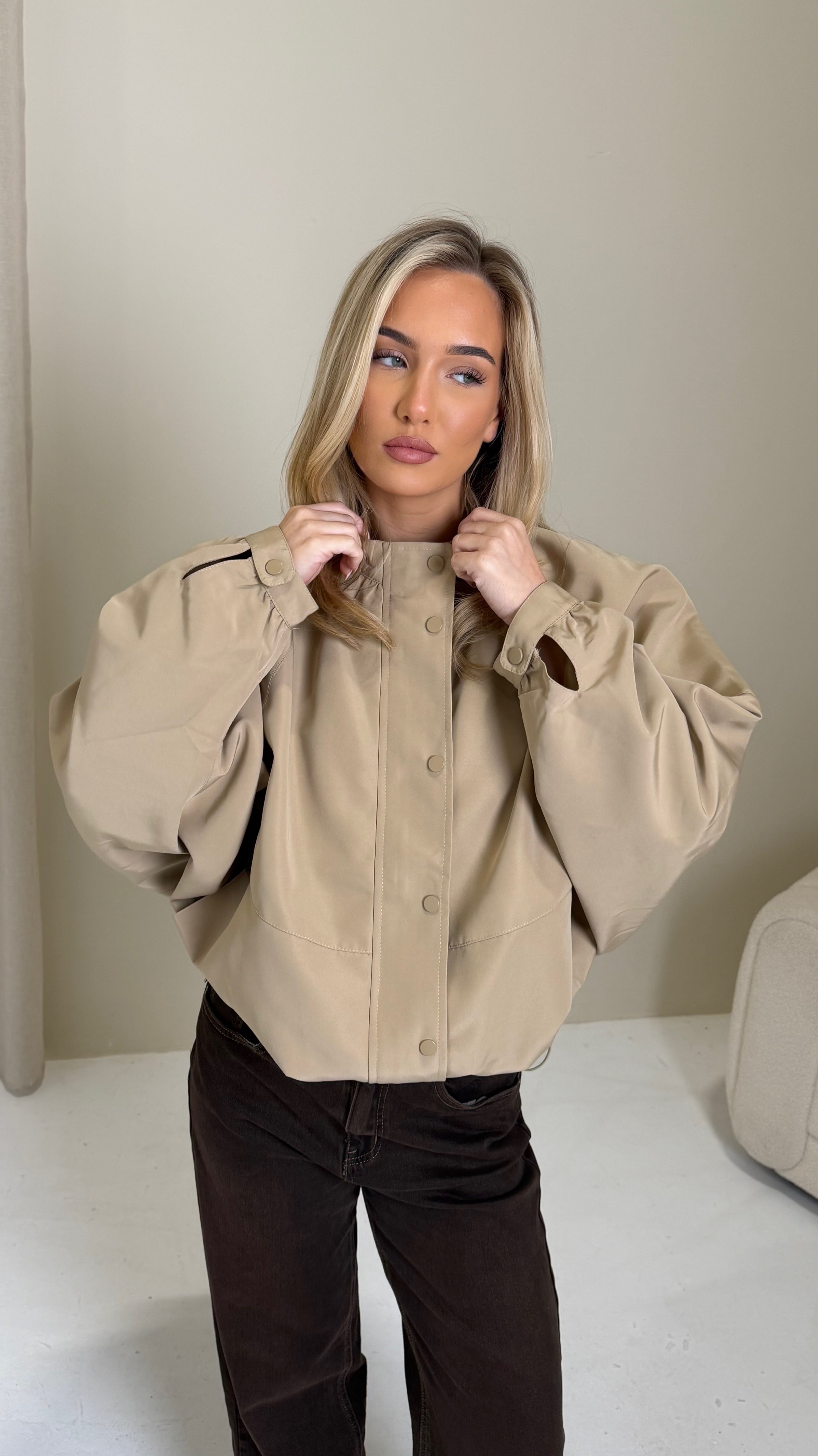 BLAKE Long Sleeved Button Up Drawstring Jacket In Soft Stone