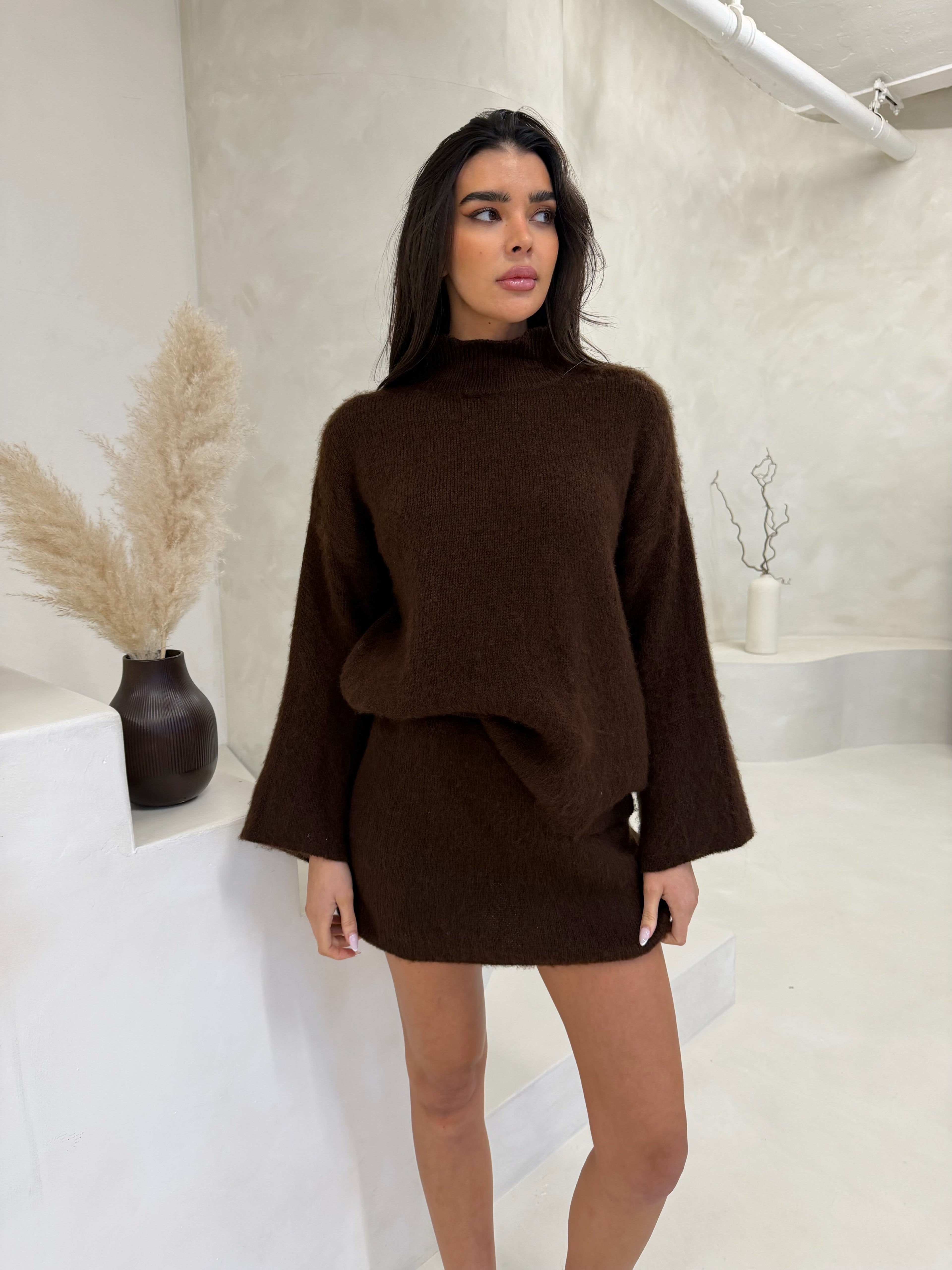 LARA High Neck Knitted Jumper & Mini Skirt Co-Ord In Chocolate