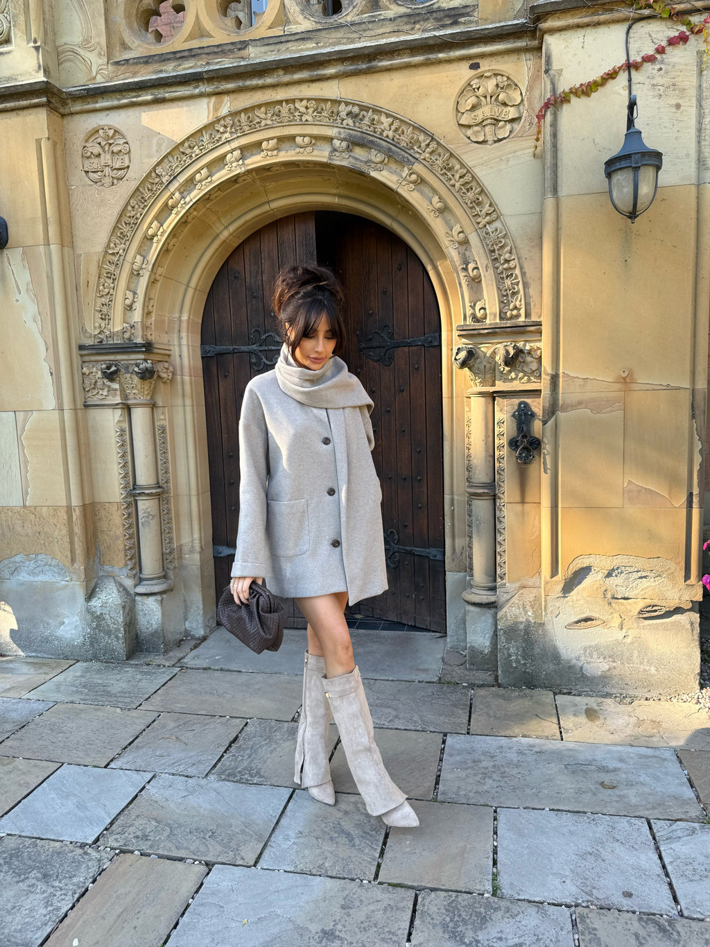 Caramella WINNIE Wool Look Button Up Jacket & Scarf In Oatmeal