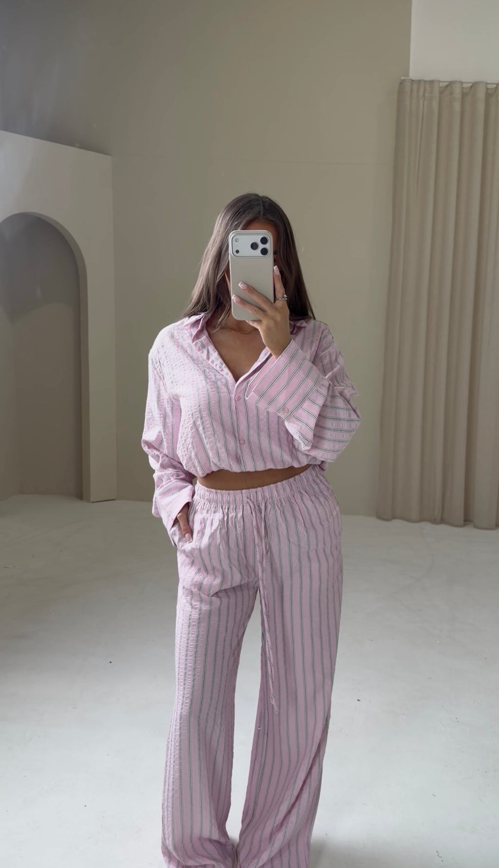 CAPRI Striped Long Sleeve Shirt & Wide Leg Trouser Co-Ord In Pink