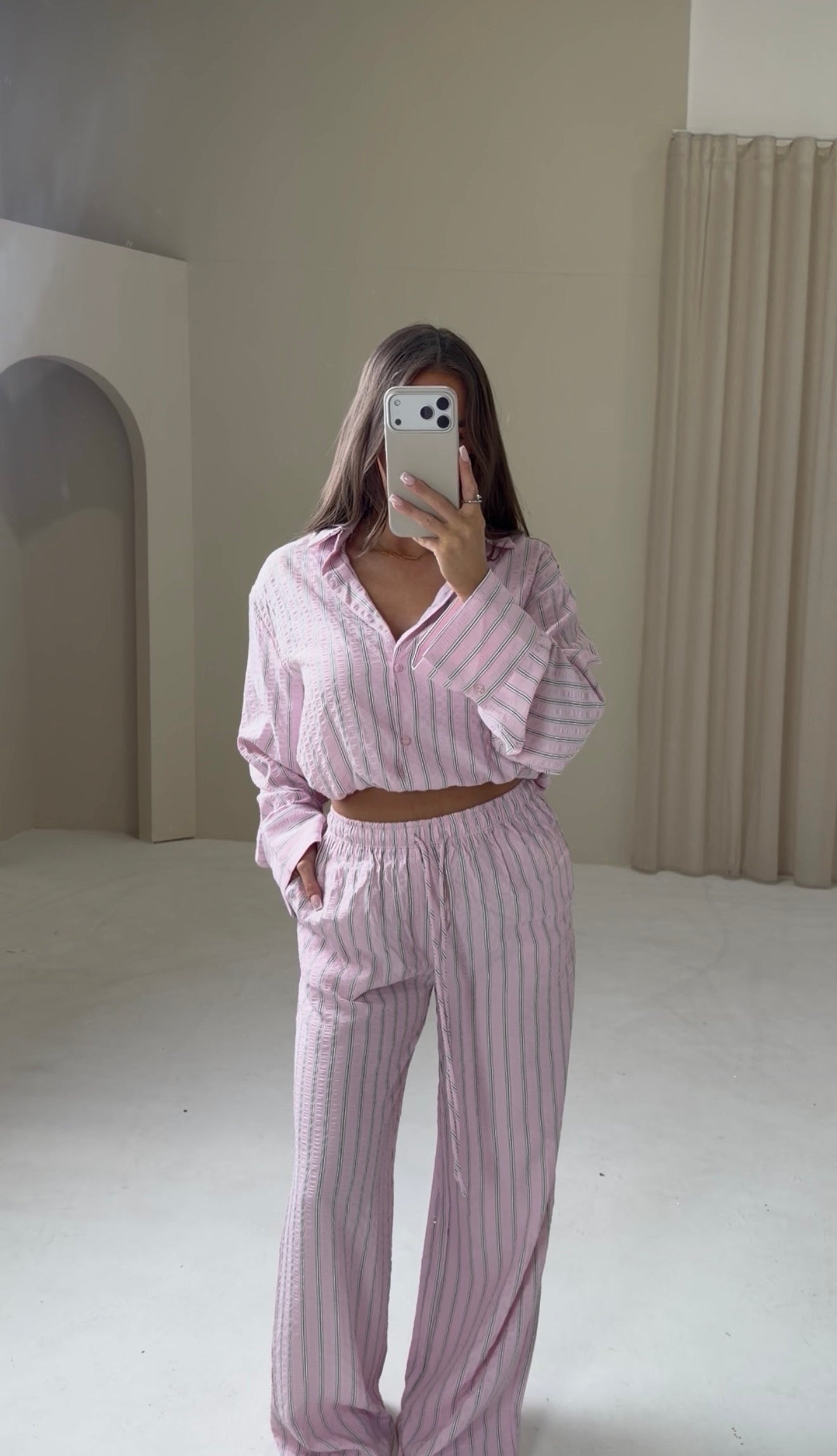 CAPRI Striped Long Sleeve Shirt & Wide Leg Trouser Co-Ord In Pink