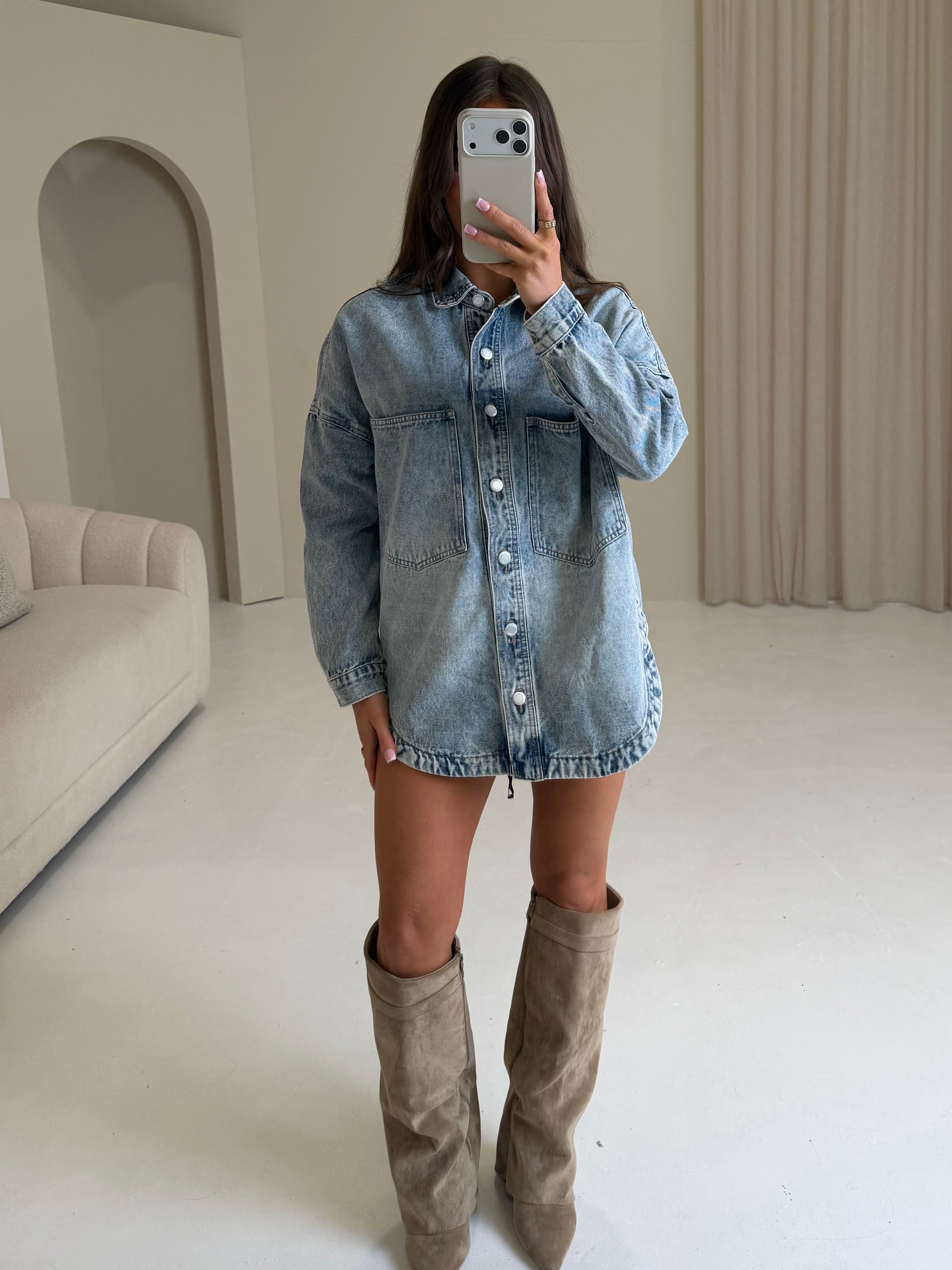 MARNIE Denim Long Sleeved Button Up Shacket In Blue
