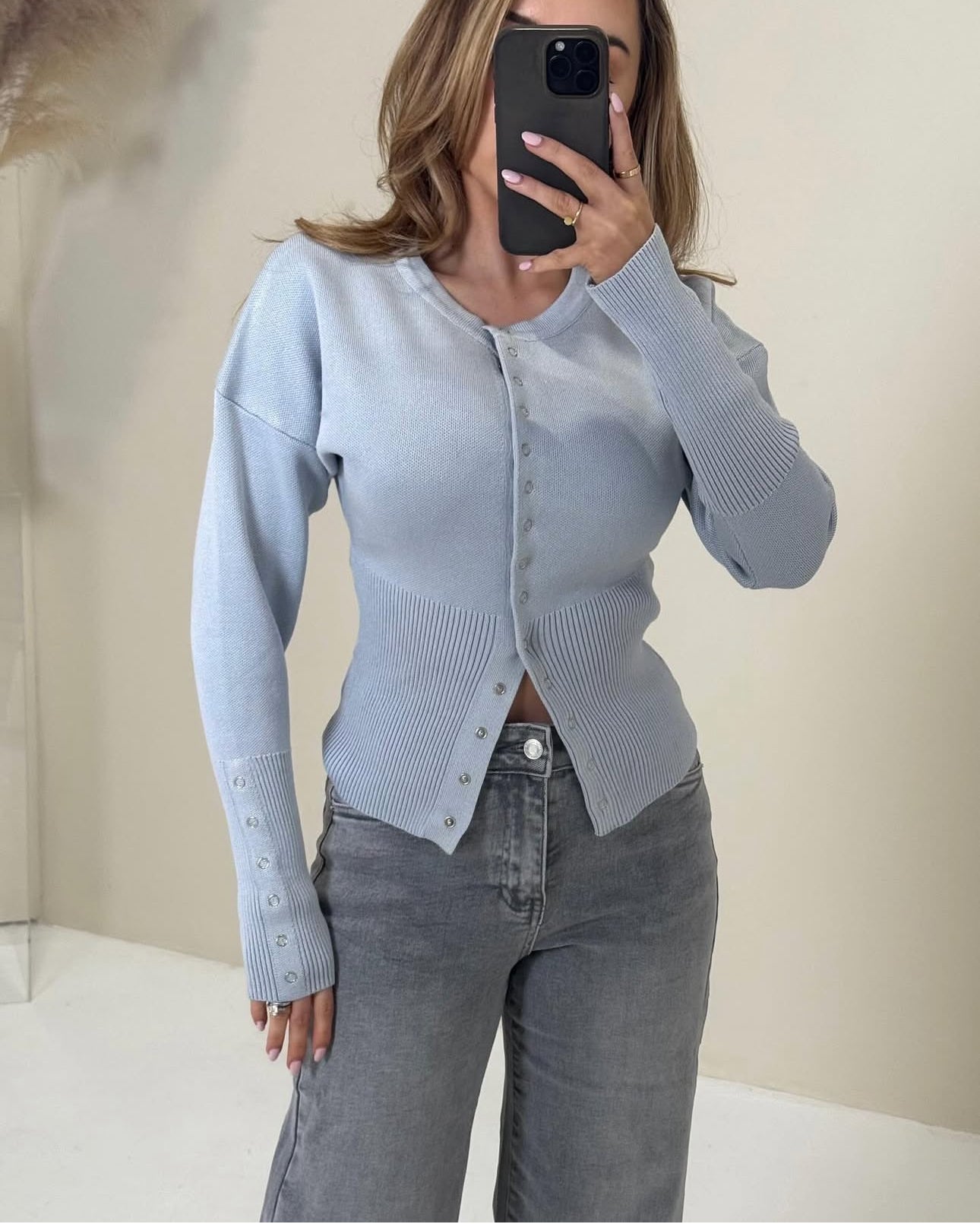 VERA Long Sleeved Knit Button Up Cardigan In Baby Blue