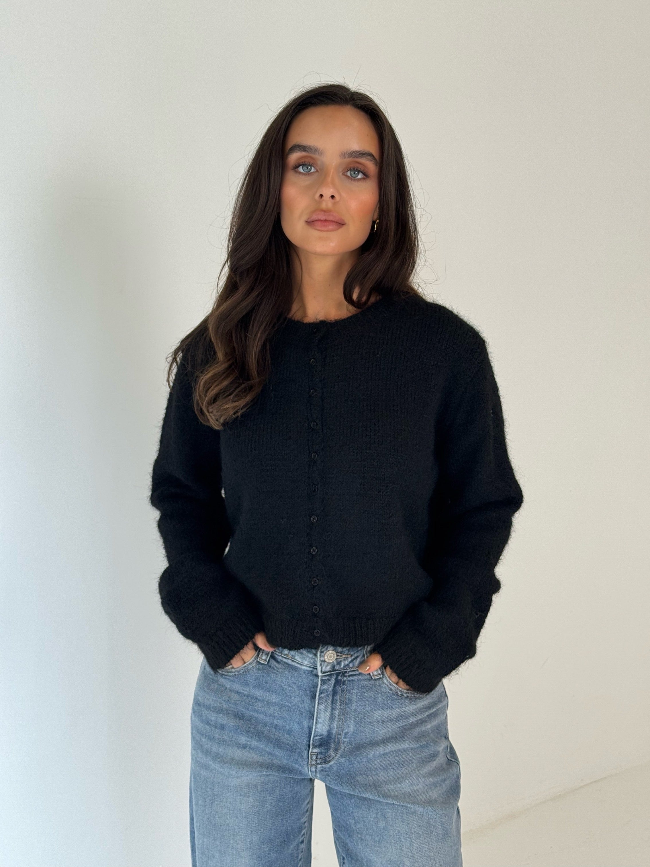 CERYS Knitted Long Sleeved Button Up Cardigan In Black