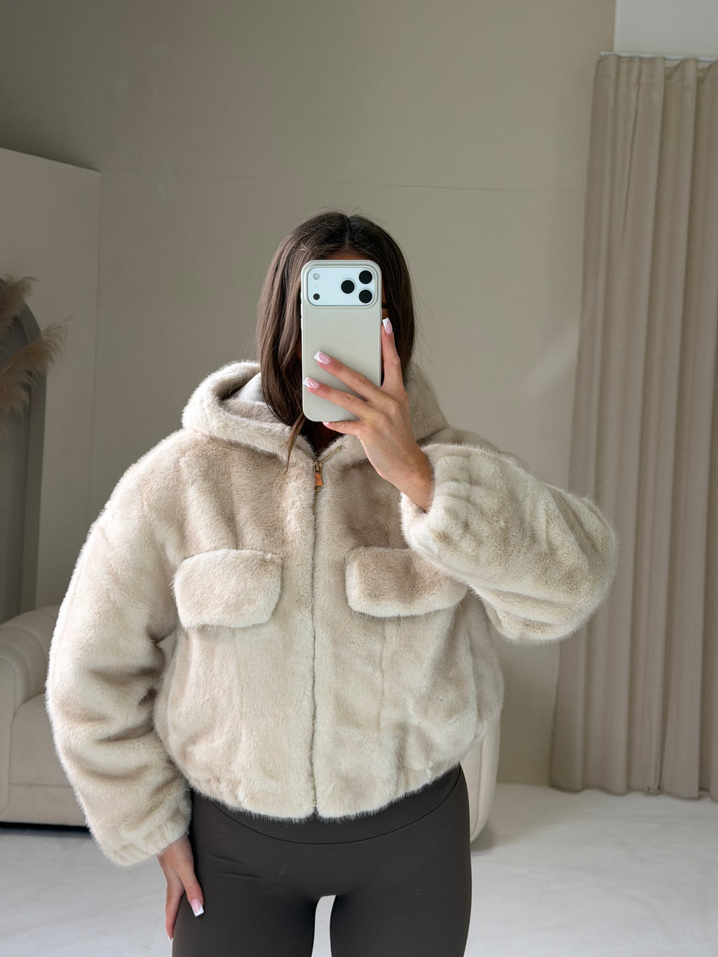 OLIVIA Faux Fur Hooded Bomber Jacket In Vanilla