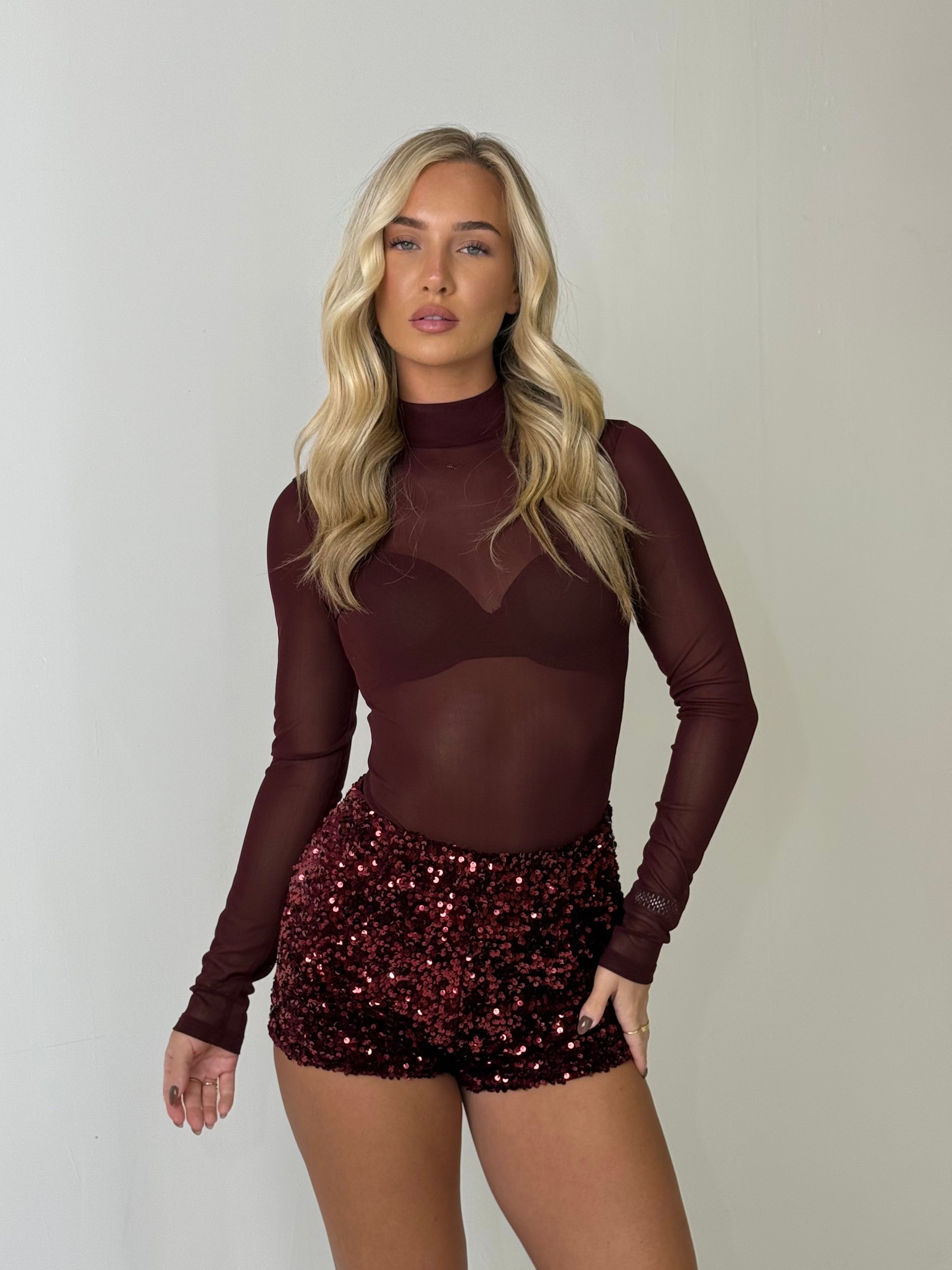 CASSIE High Waisted Sequin Mini Shorts In Burgundy