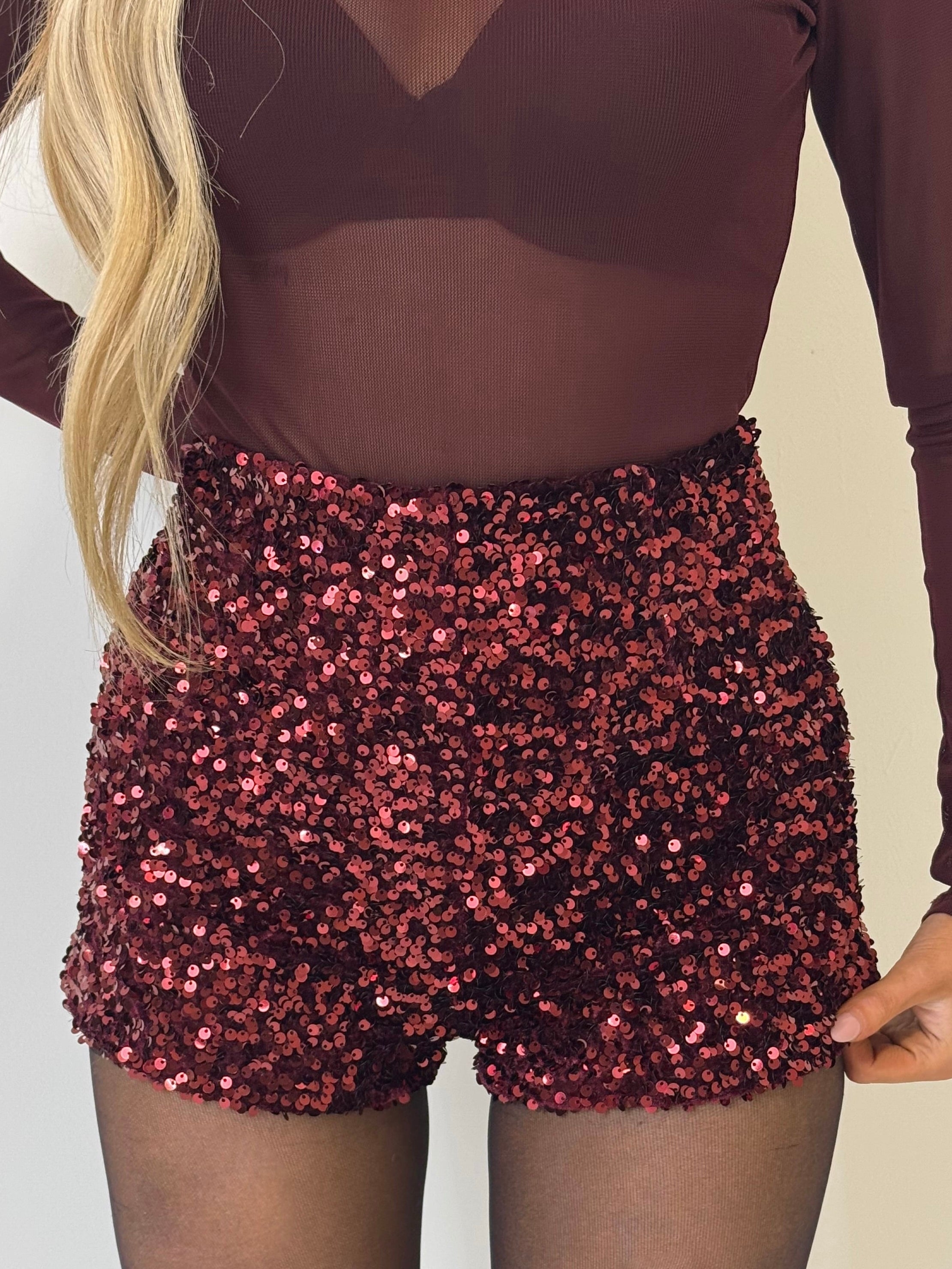 CASSIE High Waisted Sequin Mini Shorts In Burgundy