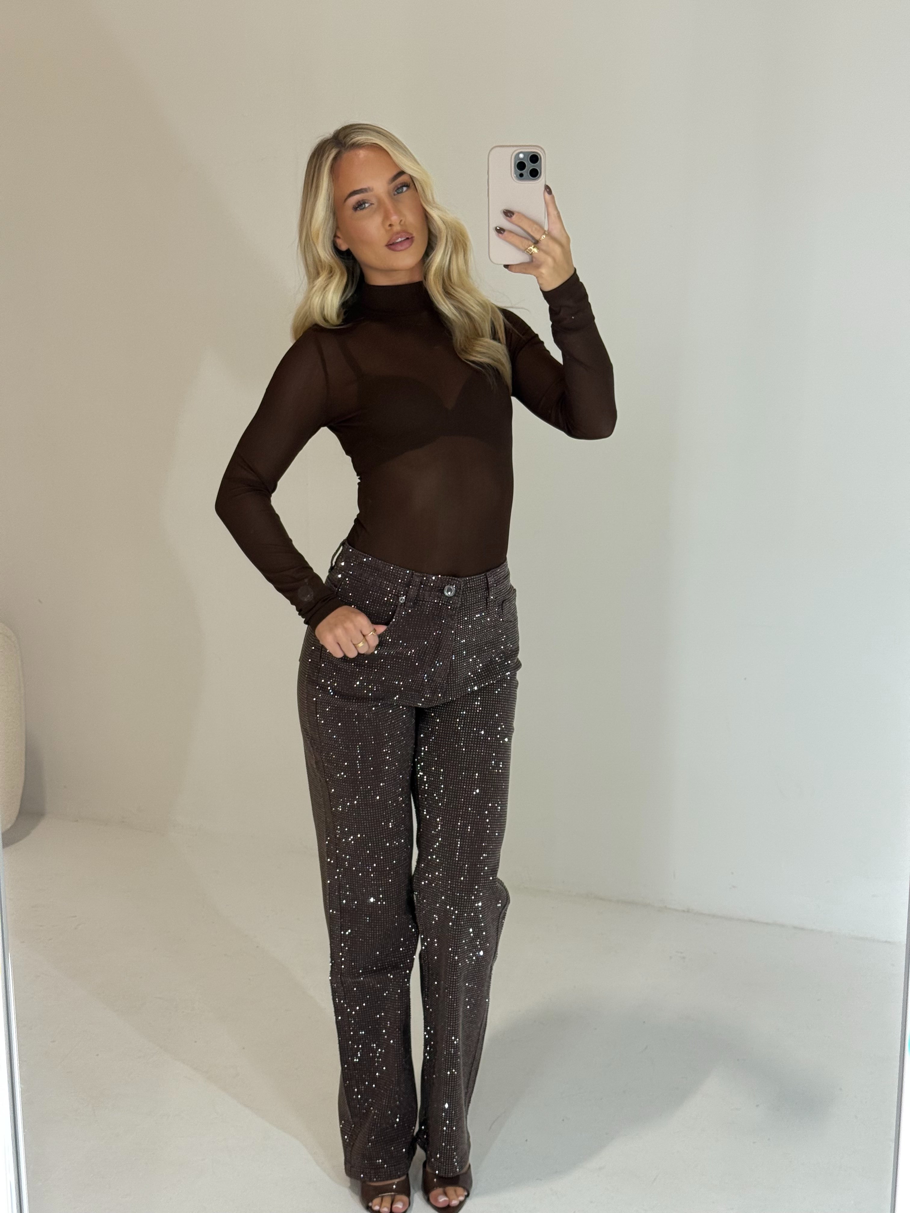 CELESTE Rhinestone Straight Leg Sparkle Jeans In Chocolate
