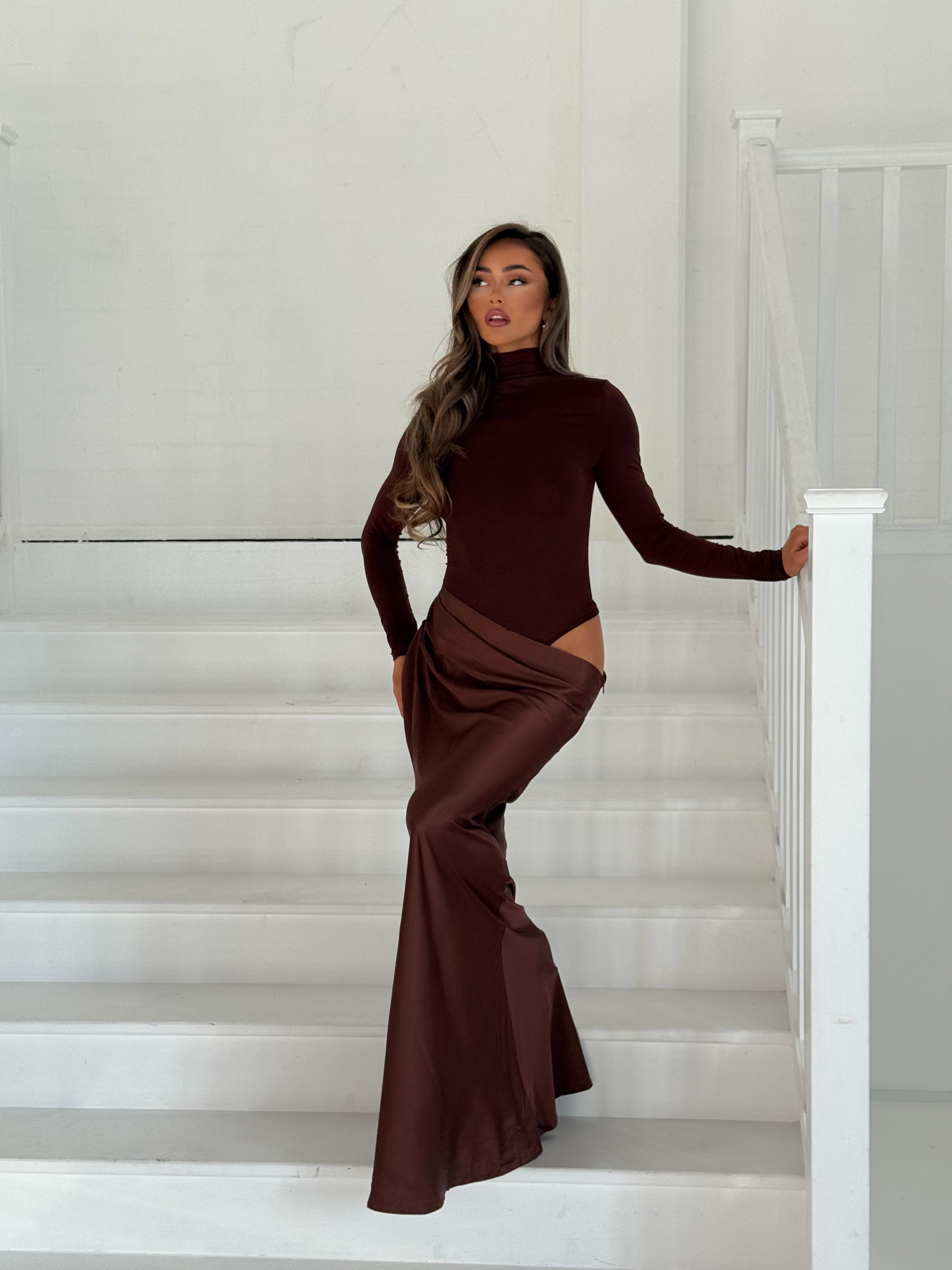SOLACE High Neck Long Sleeved Satin Draped Cut Out Maxi Dress In Chocolate
