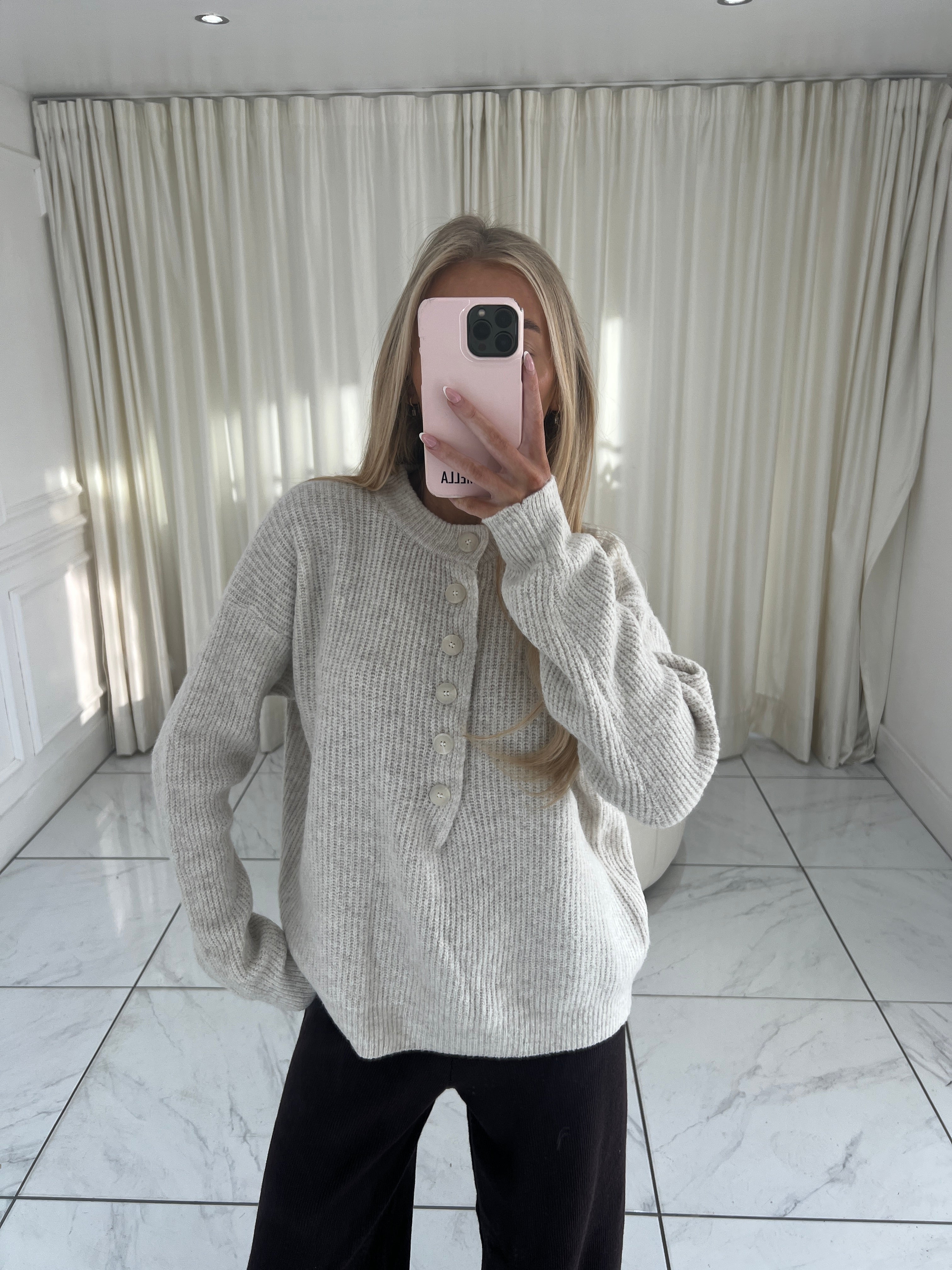 LUCIE Button Up Detail Long Sleeved Jumper In Oat