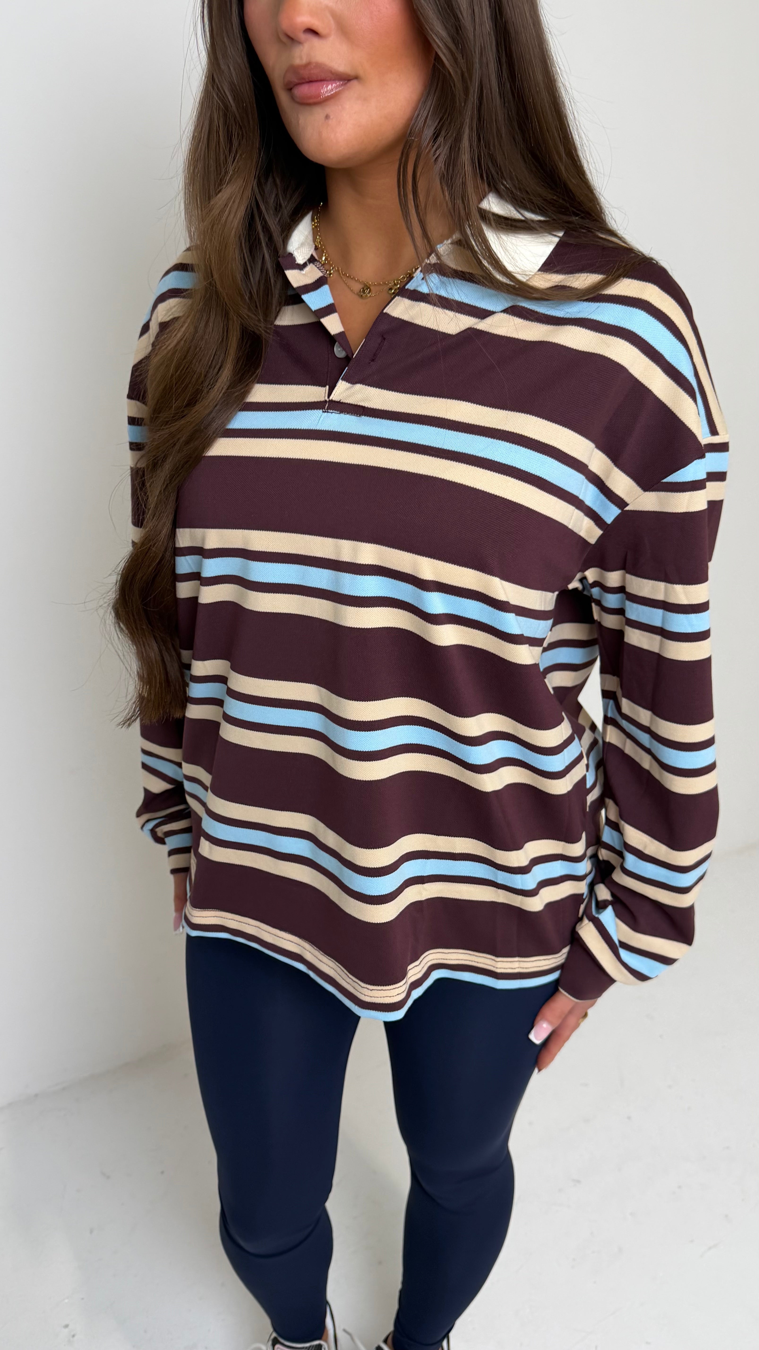 ANNIE Striped Collar Button Up Shirt In Chocolate