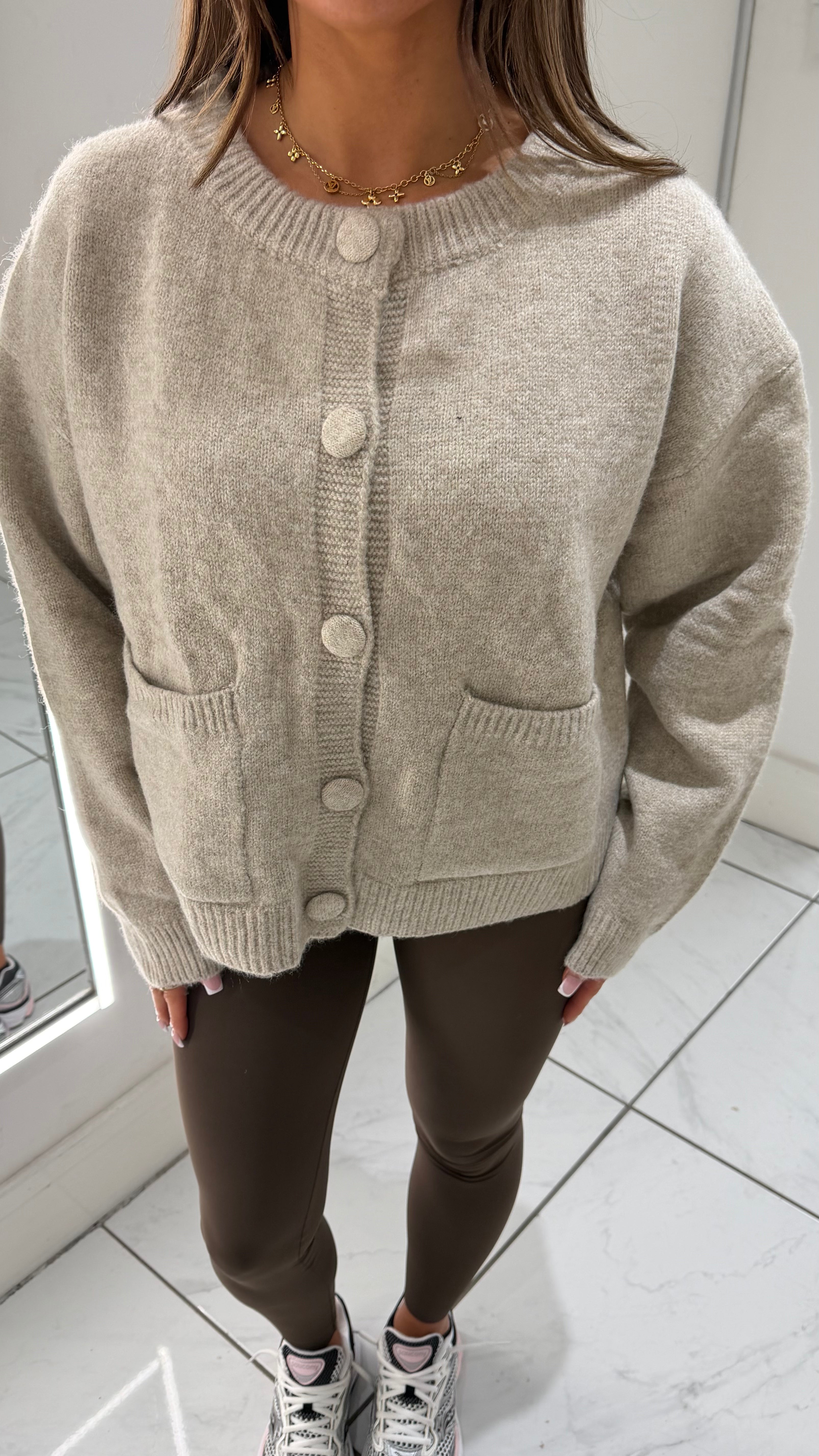 THEA Knitted Long Sleeved Button Up Cardigan In Oatmeal