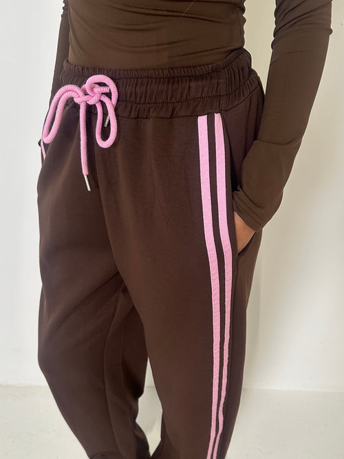 AMELIA Wide Leg Striped Trousers In Chocolate & Pink