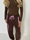 AMELIA Wide Leg Striped Trousers In Chocolate & Pink