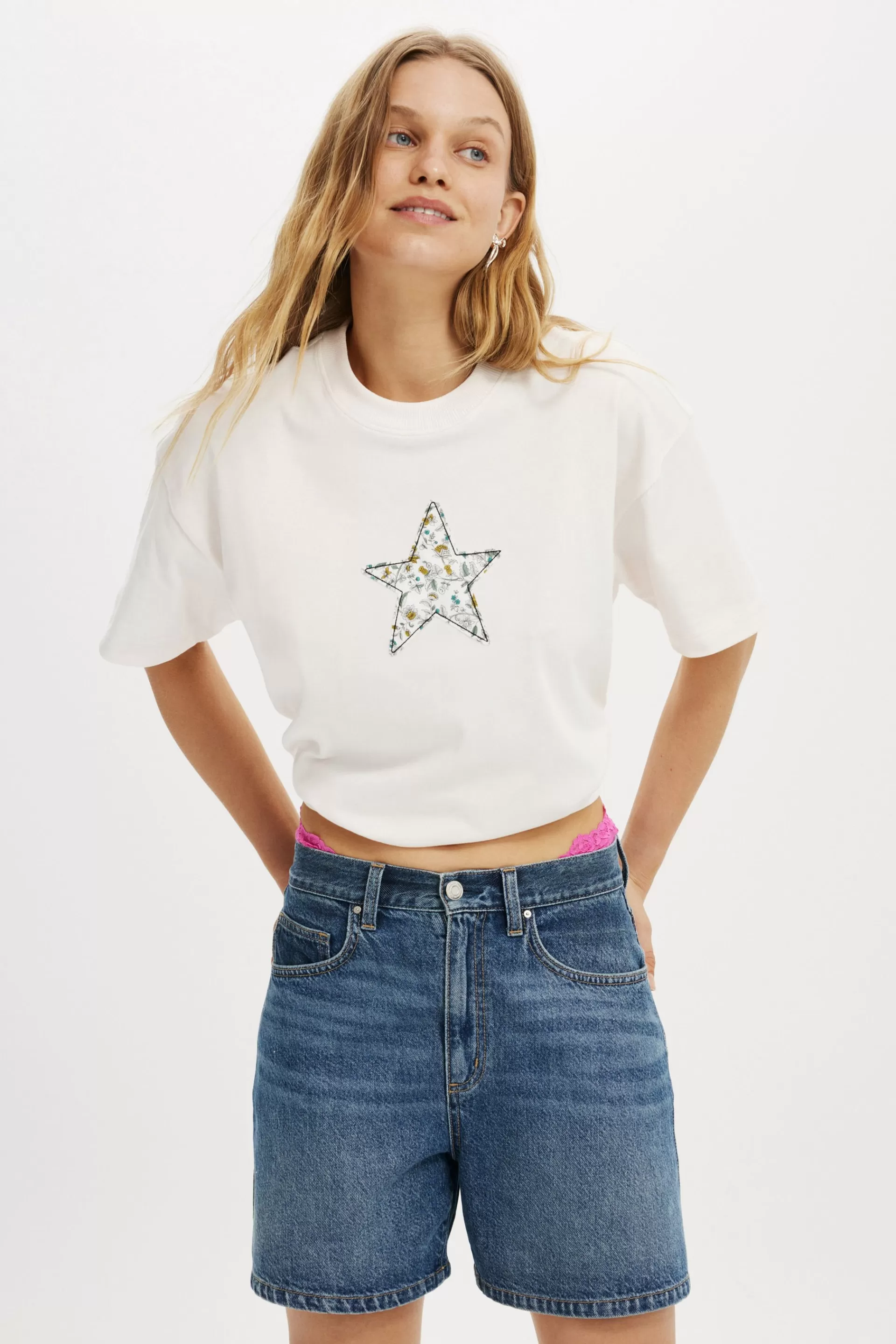 Cotton On Graphic T-Shirts | Tops*Boxy Tee Made With Liberty Fabric Graphic/Trims Star/marshmallow/ornatetrail