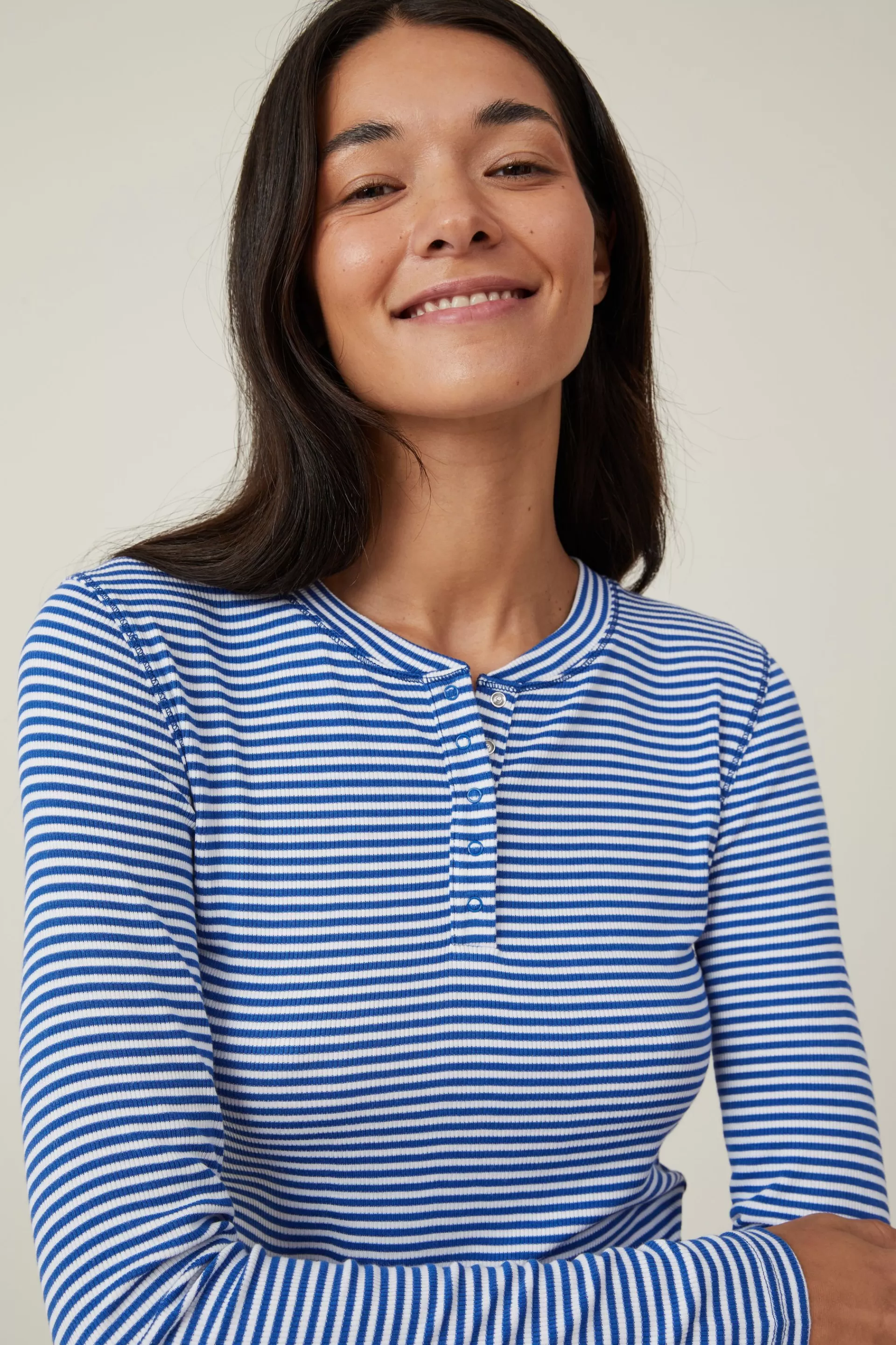 Cotton On Pyjamas*Sleep Recovery Henley Long Sleeve Blue/whitestripe